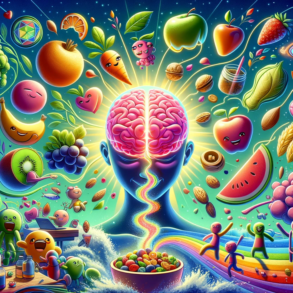 An animation-style image inspired by Pixar, featuring a path of vibrant nutritious foods leading to a glowing brain, with happy characters and mindfulness symbols, highlighting the joyful connection between a healthy diet and cognitive well-being.