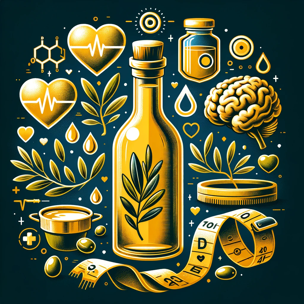 Illustration showing olive oil's benefits for health, with symbols of the Mediterranean diet, a heart, and a brain, emphasizing its role in promoting heart health, cognitive function, and well-being