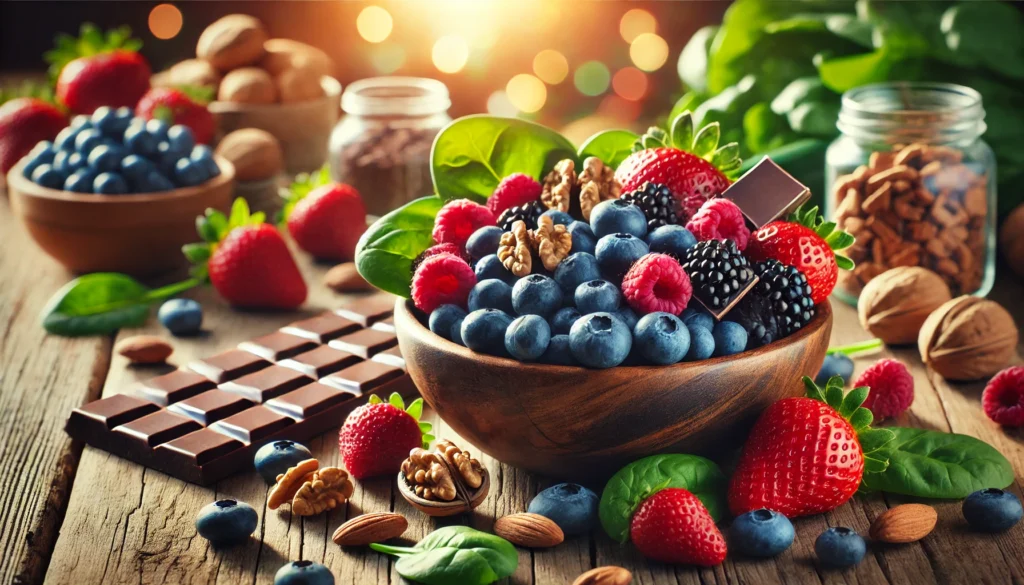 A vibrant bowl of antioxidant-rich foods, including berries, dark chocolate, nuts, and leafy greens, placed on a wooden table.