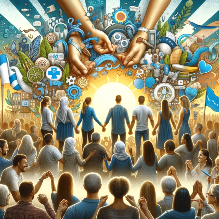 A heartwarming scene of individuals from various backgrounds united in a supportive group, symbolizing the diversity and collective strength in diabetes support communities, with intertwined hands and shared smiles against a backdrop of hope and positivity.