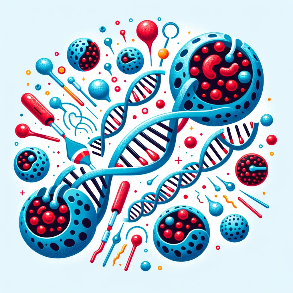A playful and engaging image showcasing adipocytes and DNA strands in a dynamic dance, symbolizing the interplay between genetic factors and adipocyte function in metabolic health.