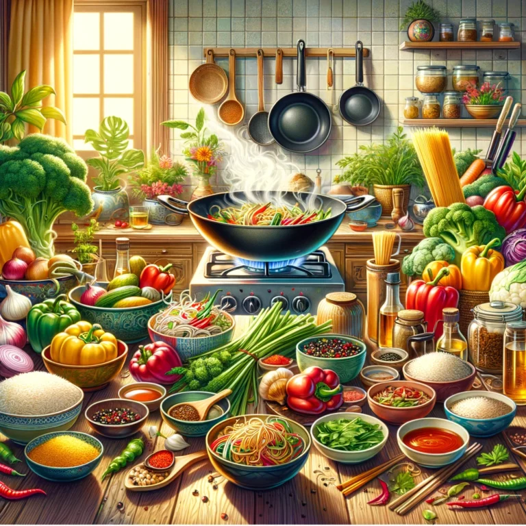 Vibrant kitchen scene illustrating Asian culinary practices with a variety of fresh ingredients and spices