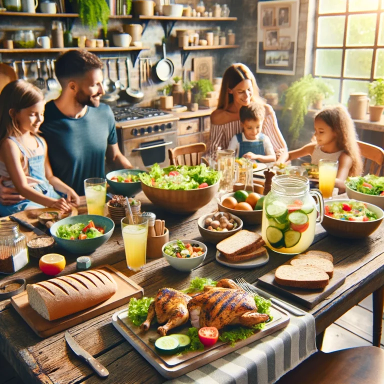 A cozy American kitchen scene with a family around a table enjoying a meal of healthy American dishes with natural lighting and kitchen shelves filled with spices and fresh produce