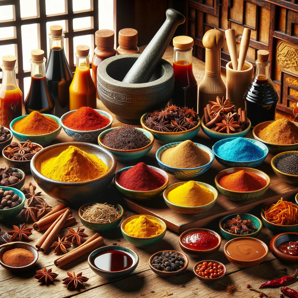 A colorful array of Asian spices and sauces arranged on a wooden countertop, featuring turmeric, star anise, cinnamon sticks, and traditional sauces in ceramic bowls, with a mortar and pestle set alongside.