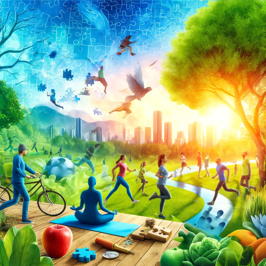 Diverse group of people engaging in yoga, walking, and mental exercises in a lush green park, representing holistic health and wellness.