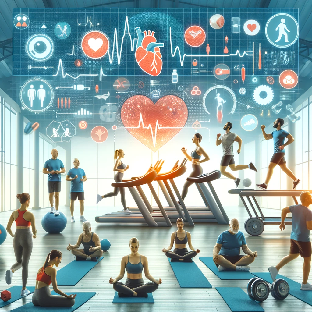A diverse group of people engaging in cardiovascular exercises at a modern gym to manage cholesterol and diabetes.