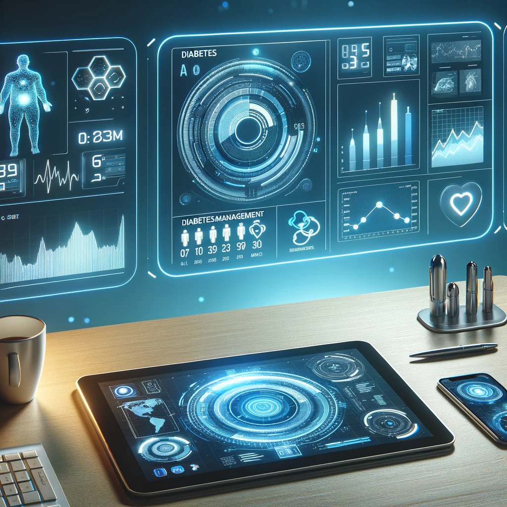 A futuristic AI healthcare interface displaying diabetes management data on digital screens, symbolizing innovation in medical technology.