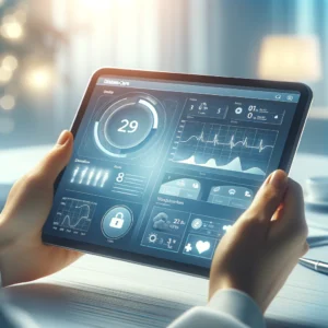 A digital health dashboard on a tablet showing diabetes management analytics, symbolizing advanced AI technology in healthcare.