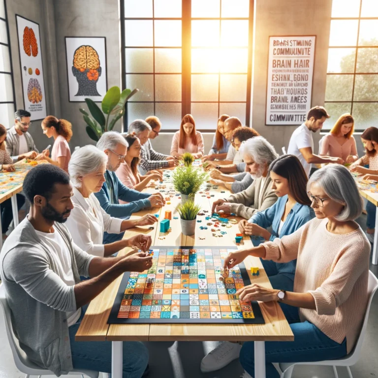 A diverse group of people engaged in cognitive exercises at a community center, surrounded by plants and motivational posters about brain health