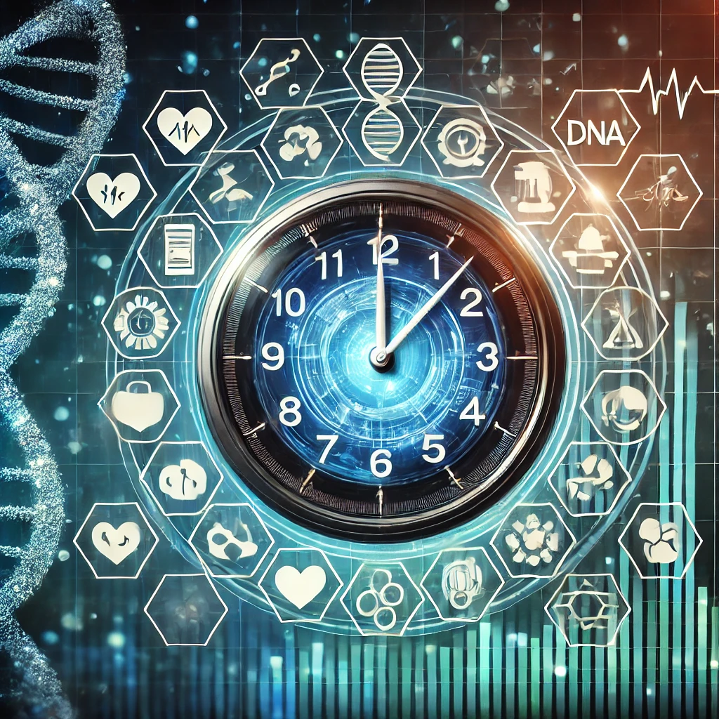 Digital interface of an aging clock showing various health biomarkers.
