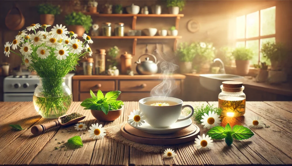 A cup of chamomile tea with fresh herbs on a wooden table, symbolizing natural remedies for heartburn
