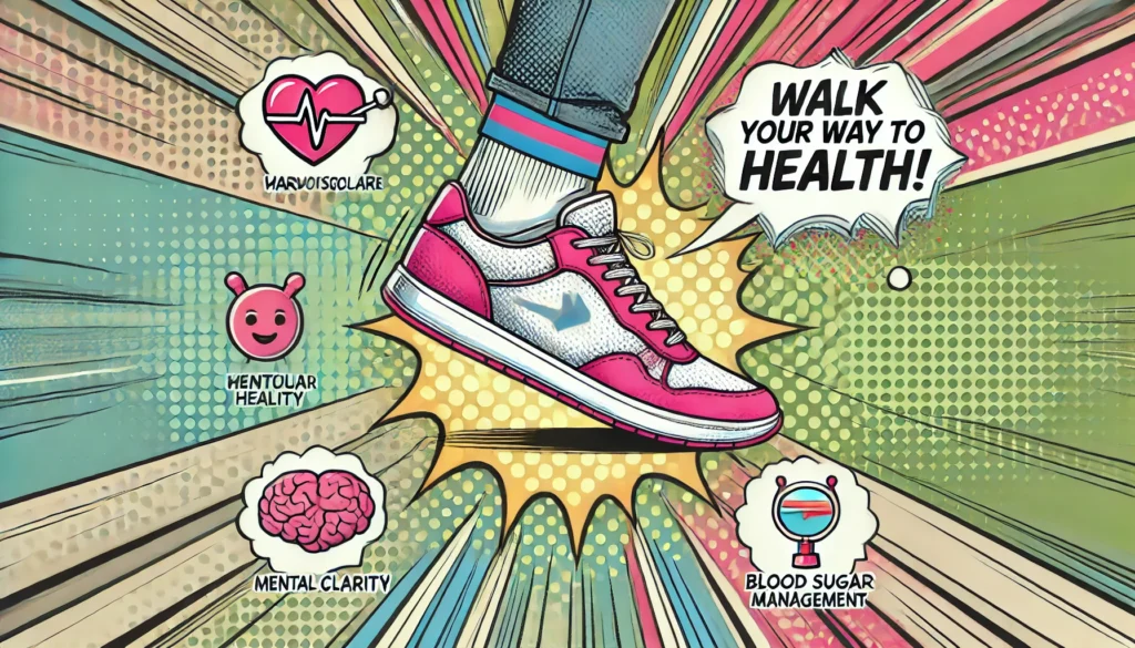 People walking in a scenic park, promoting daily walking for health and longevity.