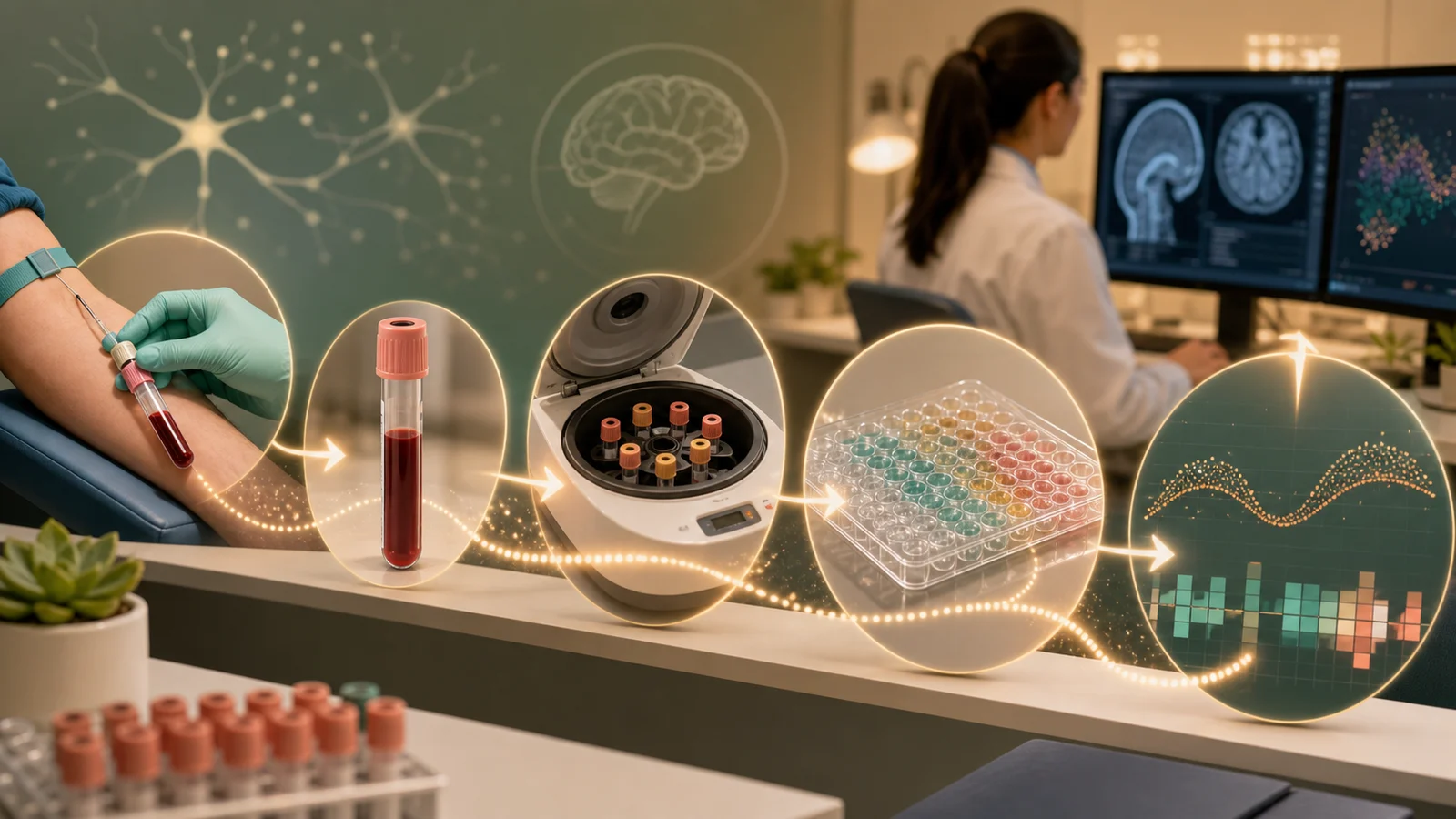 A warm clinical research workflow showing a blood draw, specimen tube, laboratory testing, brain imaging screens, and a clinician reviewing Alzheimer’s biomarker results.