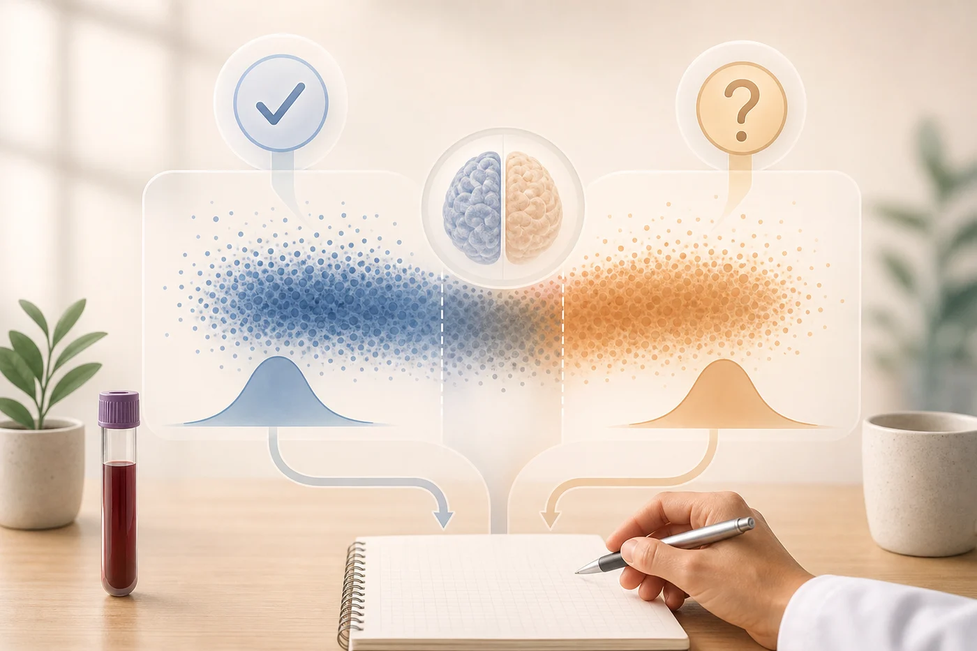 A soft biomedical illustration with a blood tube and overlapping uncertain result clouds suggesting false positive and false negative possibilities.