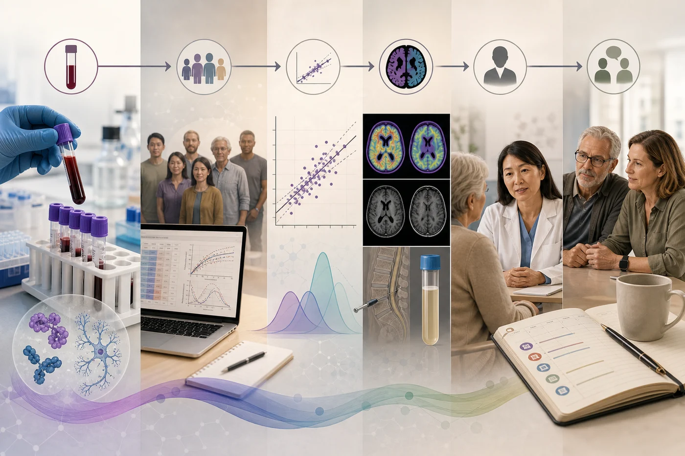 A translational pathway from laboratory assay to cohort validation, PET or CSF comparison, and a family-centered clinical visit.