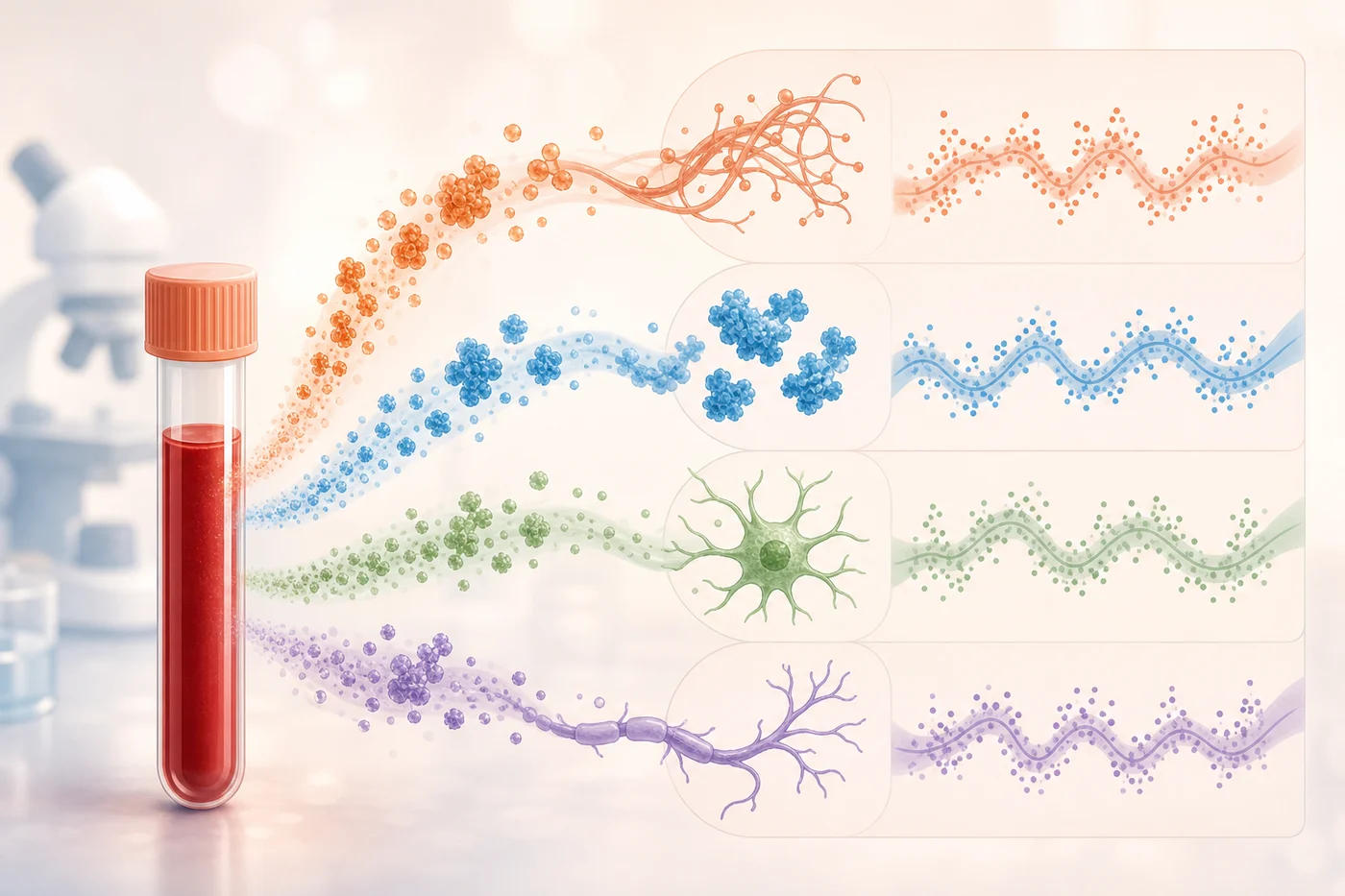 A blood tube releasing distinct molecular signal streams representing phosphorylated tau, amyloid beta, GFAP, and neurofilament light without readable labels.