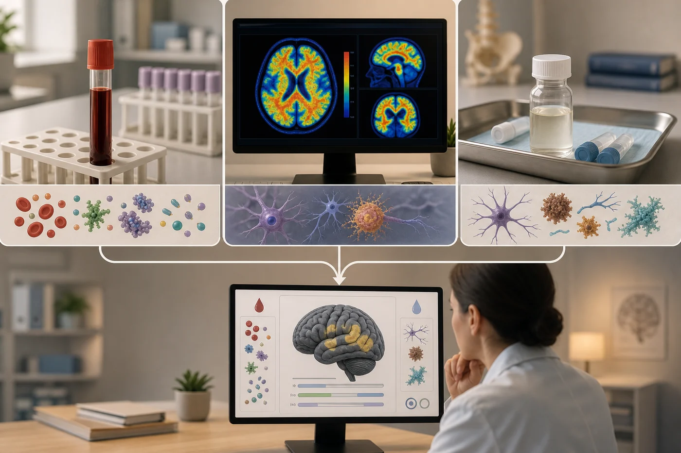 A blood tube, PET scan monitor, and cerebrospinal fluid vial converging toward a clinician’s interpretation desk.