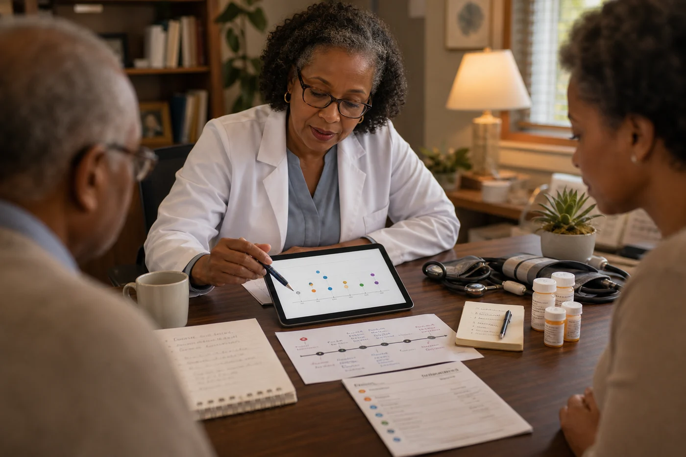 A clinician reviewing biomarker information on a tablet with an older adult and caregiver in a calm consultation room.