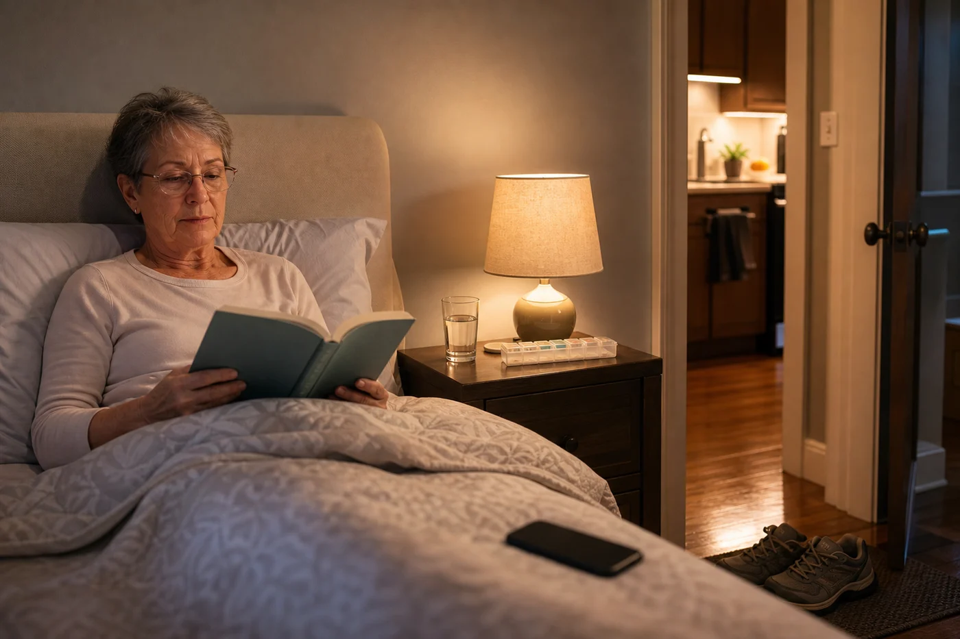 A cozy evening routine with water, a book, dim light, walking shoes, and a phone set aside beside the bed.