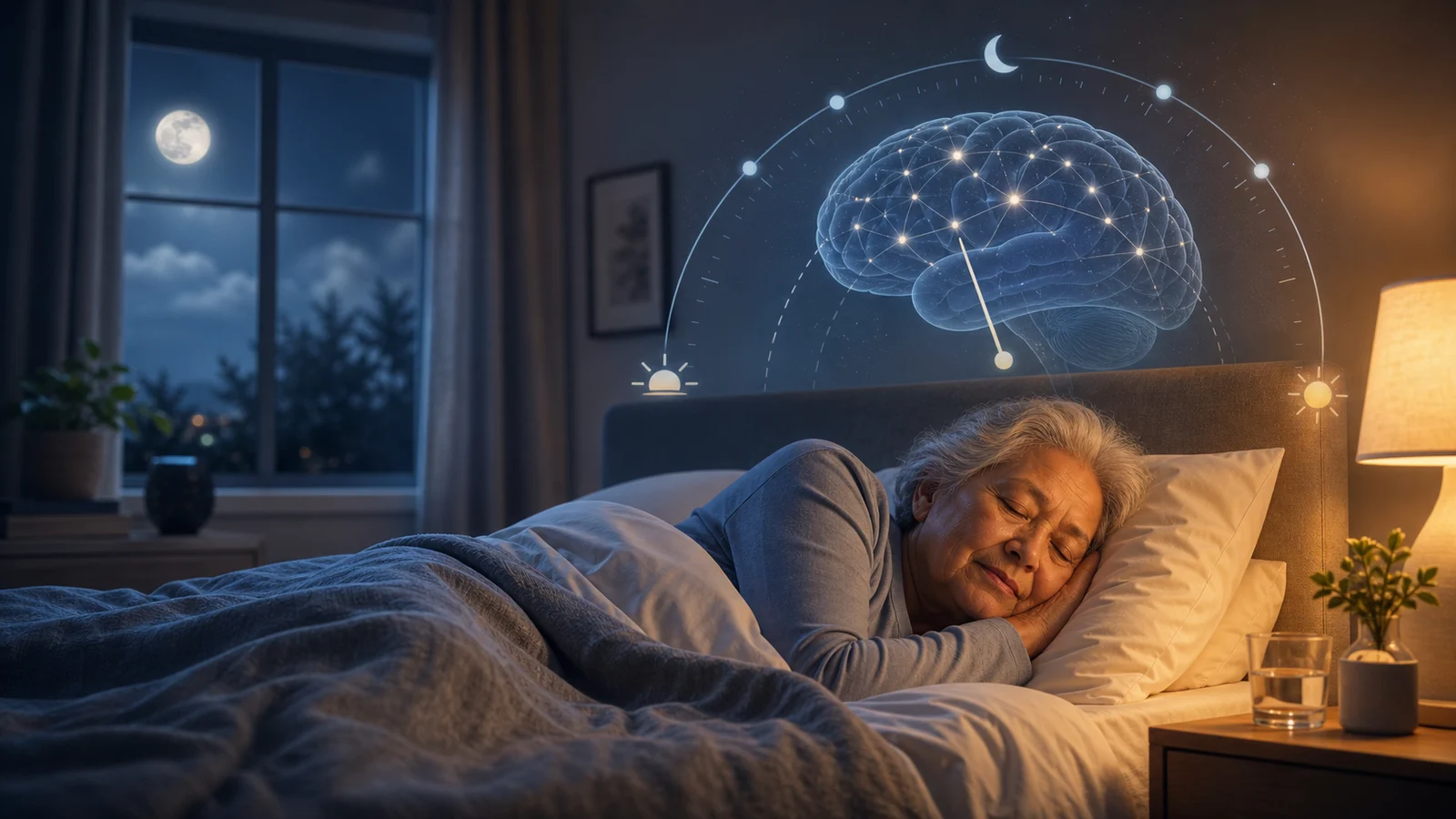 A peaceful nighttime bedroom scene blended with a softly glowing brain and circadian light patterns near the window.