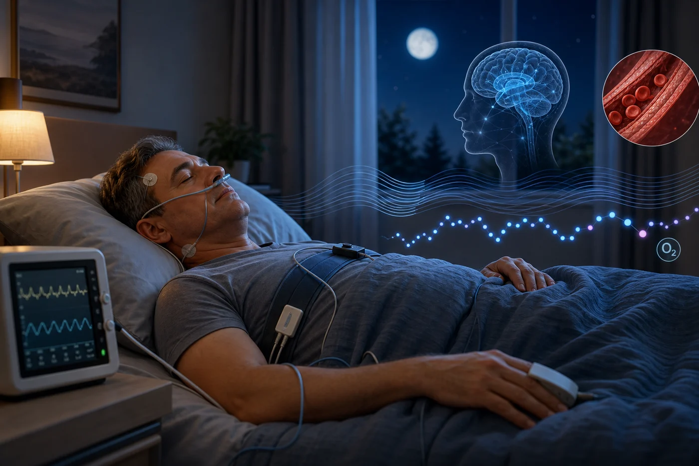 A calm sleeping person with subtle airflow and oxygen-like light patterns connected to a brain silhouette.