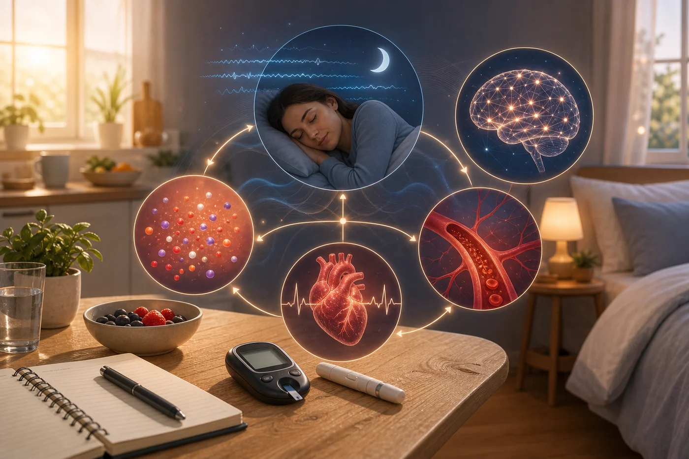 A gentle illustration connecting a moonlit sleeping figure with glucose, blood vessel, heart, and brain signals.