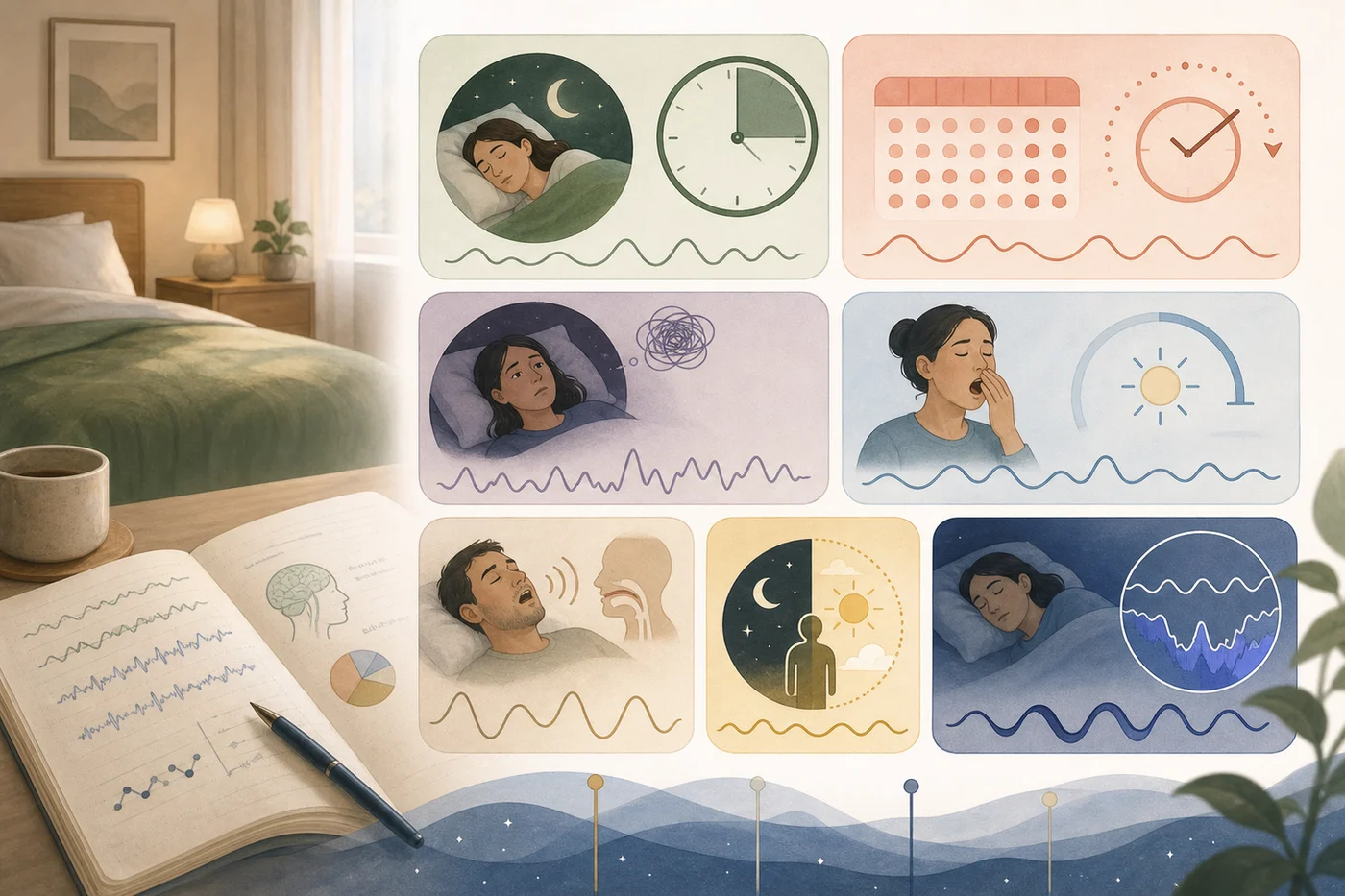 A warm visual grid of sleep duration, regularity, daytime energy, breathing, and deep sleep represented without readable text.