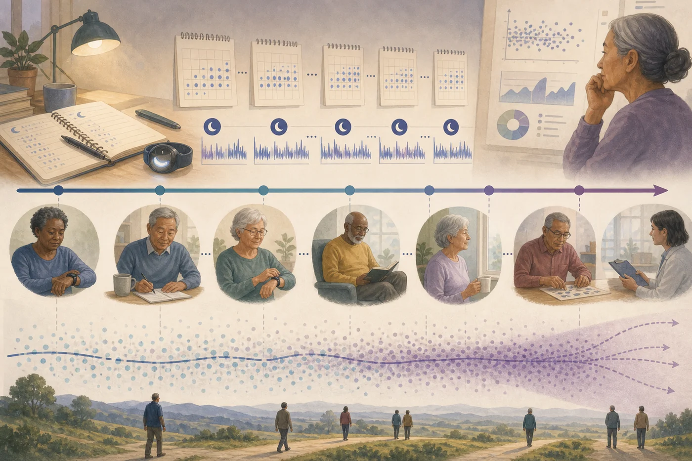 A longitudinal research scene with older adults, calendars, sleep diaries, wearable devices, and brain-health checkups.