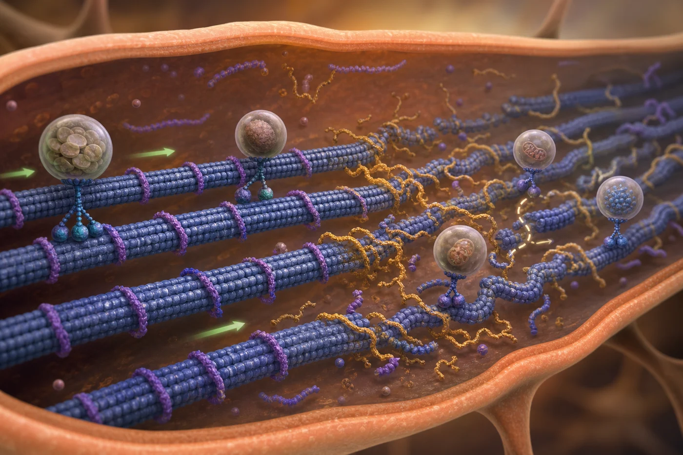 A neuron axon with disrupted microtubule tracks and altered tau molecules slowing cargo transport.