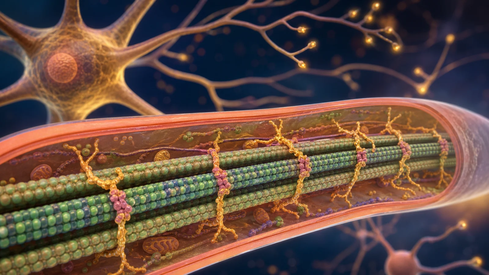 A warm neuron illustration showing healthy tau proteins stabilizing microtubule tracks inside an axon.