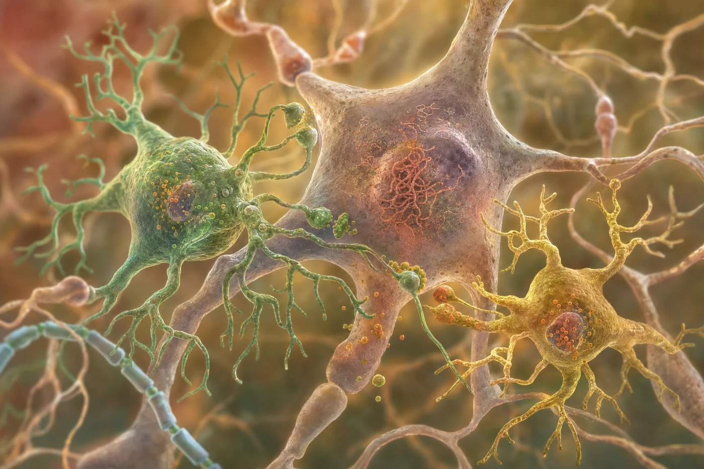 Branching microglia surrounding a stressed neuron with altered tau signal particles in the surrounding tissue.