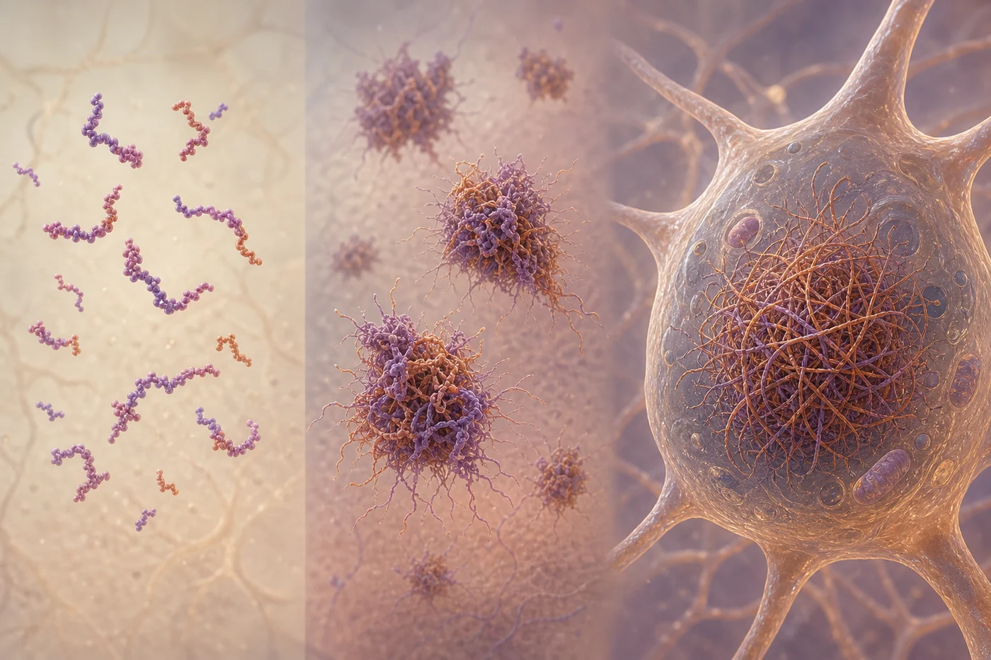 A biomedical illustration of tau shifting from soluble molecules to small aggregates and larger tangle-like structures without labels.