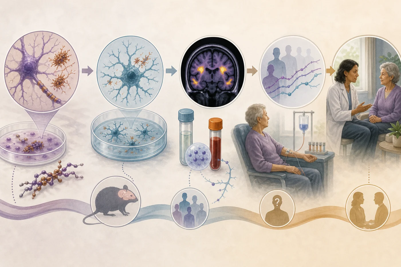 A translational research pathway connecting cell models, animal models, imaging, and human trials for tau and immune-cell research.