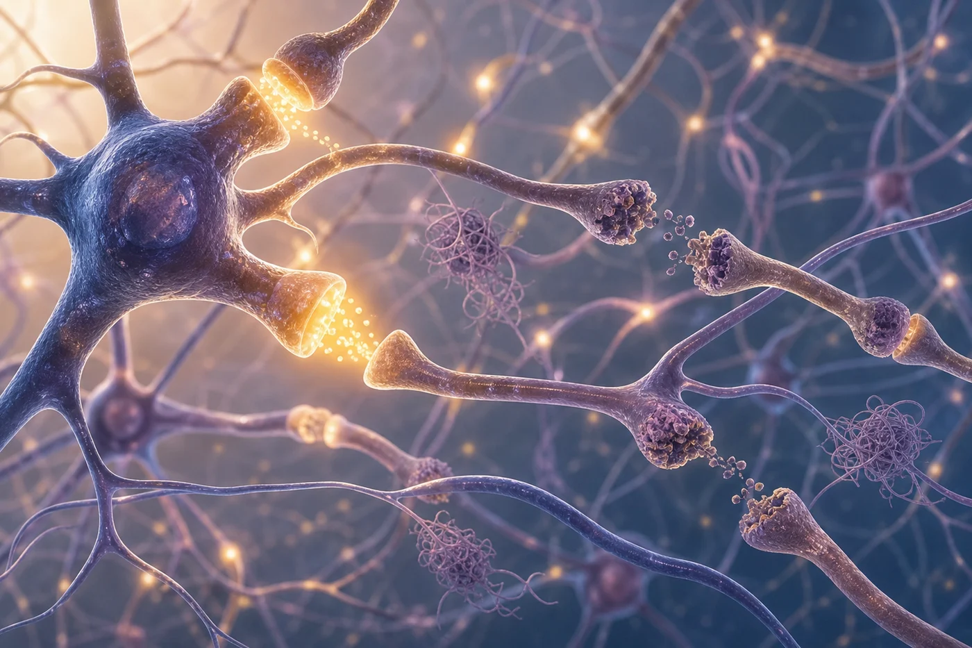A close view of synapses with dimming communication signals near altered tau inside neuronal branches.