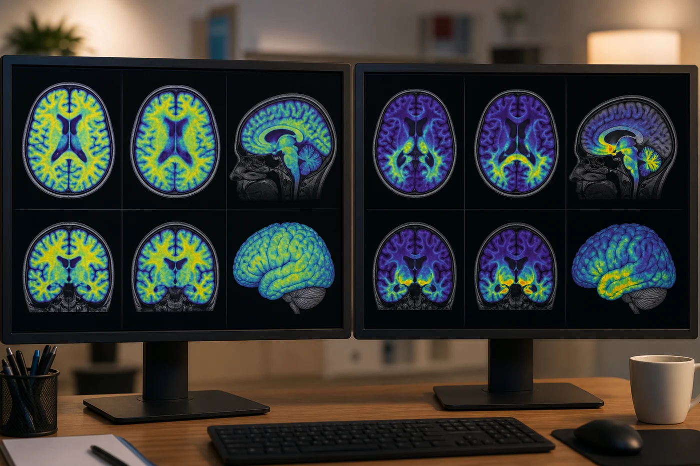 Two adjacent brain scan styles, one cooler and diffuse and one warmer and regional, comparing amyloid and tau PET concepts without labels.