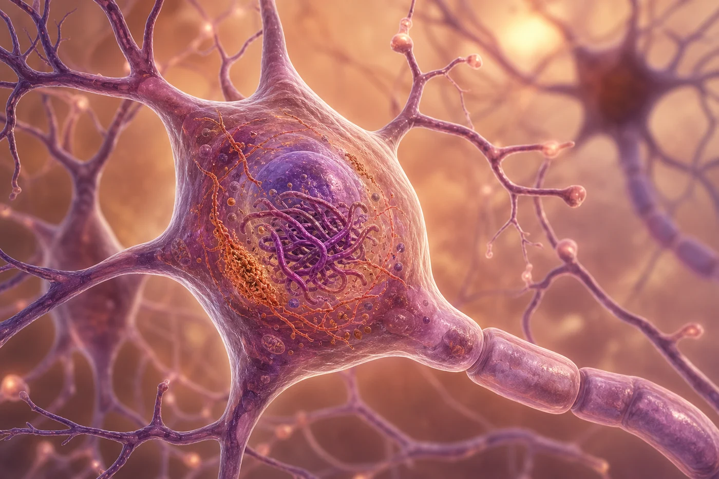 A close biomedical view inside a neuron showing altered tau along microtubules and nearby stressed synapses.