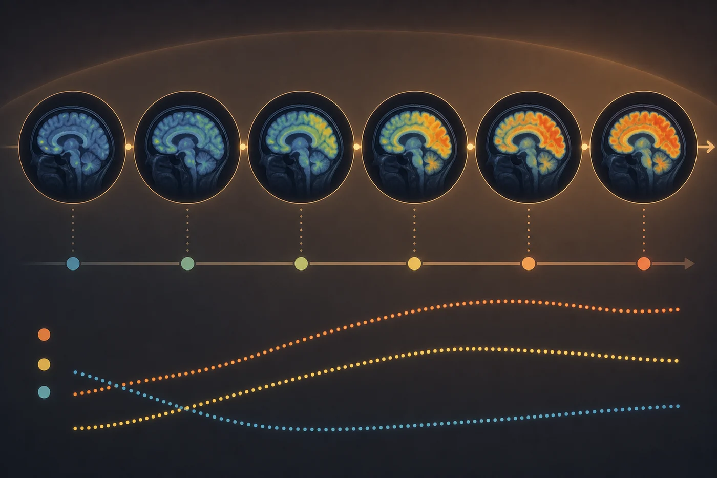 A sequence of brain scan panels changing subtly over time in a clinical research environment without readable text.