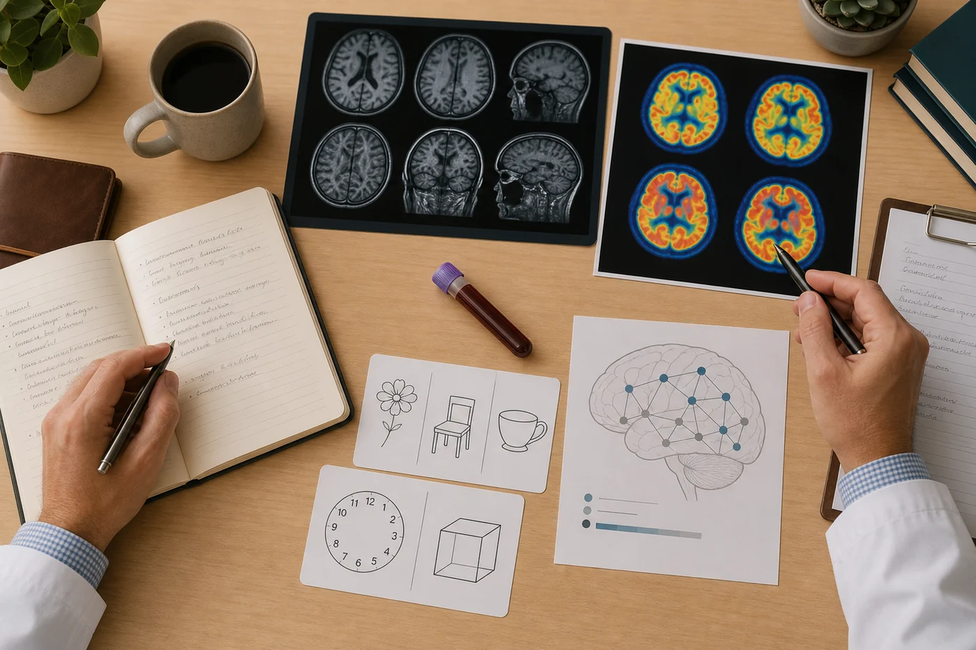 A clinician desk with tau PET, MRI-like anatomy, blood biomarker tubes, cognitive notes, and family-centered consultation elements.