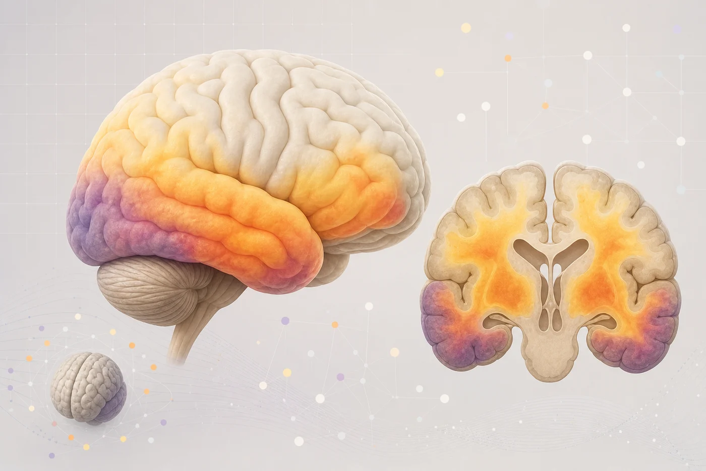 A stylized brain map with warm regional activity patterns suggesting tau distribution without readable labels.