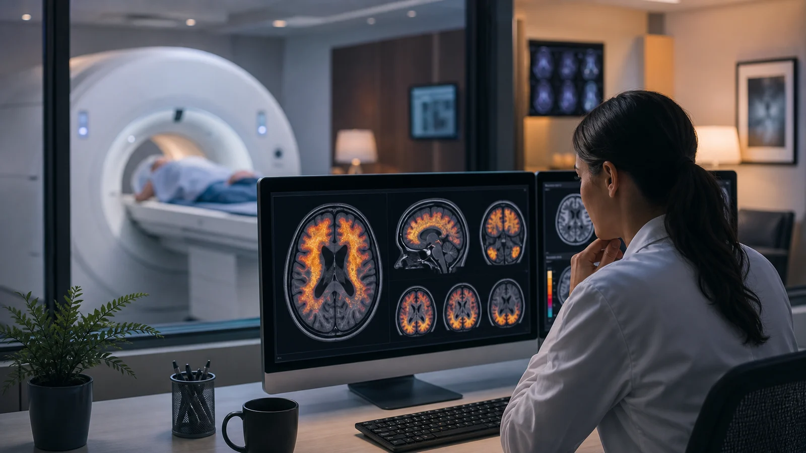 A calm imaging research suite with a PET scanner, brain scan screens, and clinicians reviewing tau patterns with care.
