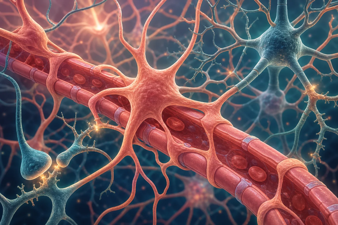 Star-shaped astrocytes touching a small blood vessel and nearby synapses in a detailed neurovascular unit illustration.