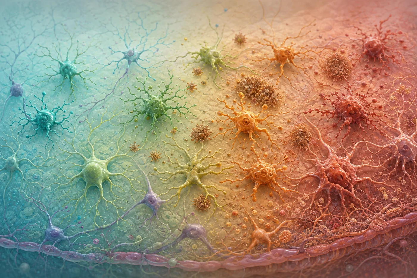 A left-to-right biological progression of microglia and astrocytes changing shape and activity over time without labels.