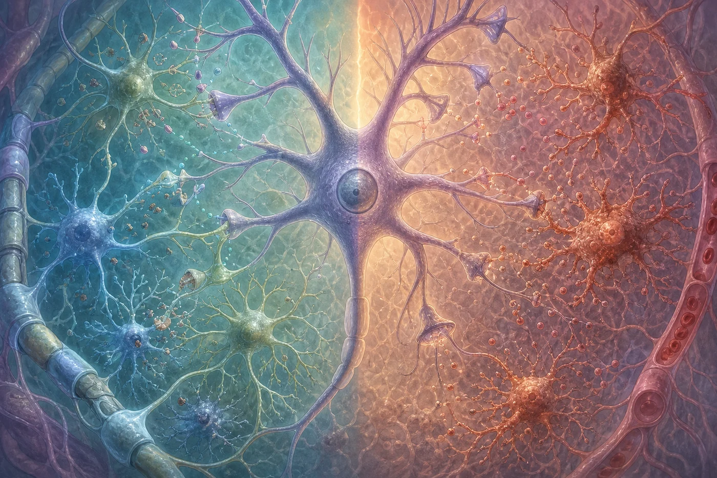 A balanced biomedical illustration with glial support and debris clearing on one side and prolonged inflammatory stress on the other side around a central neuron.