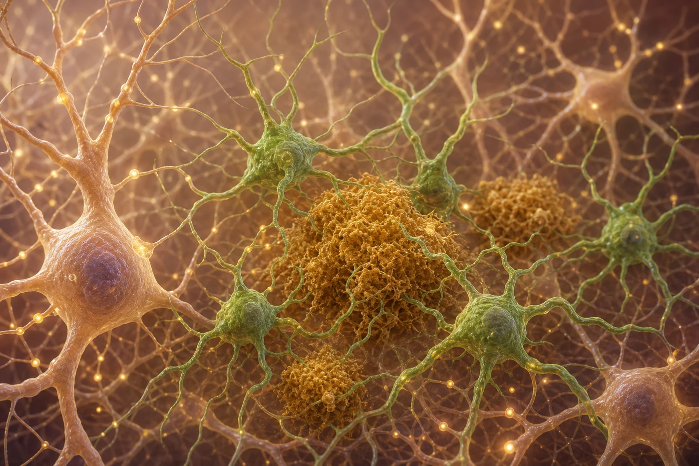 Branching microglia gathering around amyloid-like deposits near neurons in a calm biomedical scene.