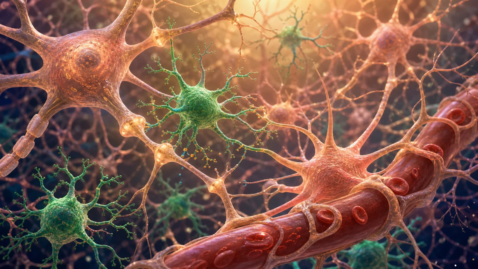 A warm microscopic brain scene showing neurons, microglia, and astrocytes communicating through subtle glowing signals.