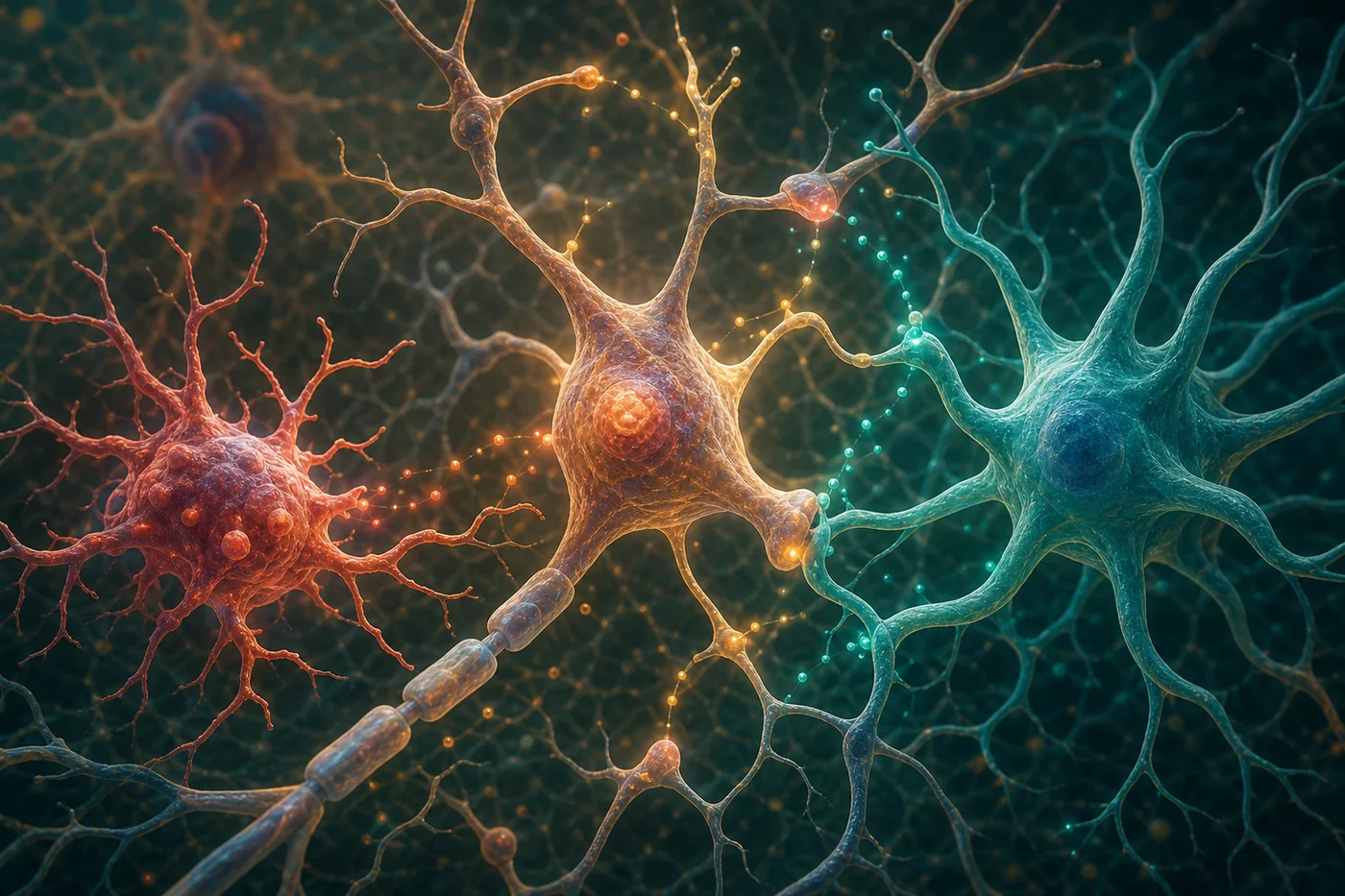 A neuron, microglia, and astrocyte exchanging small glowing signal particles in a balanced microscopic brain scene.