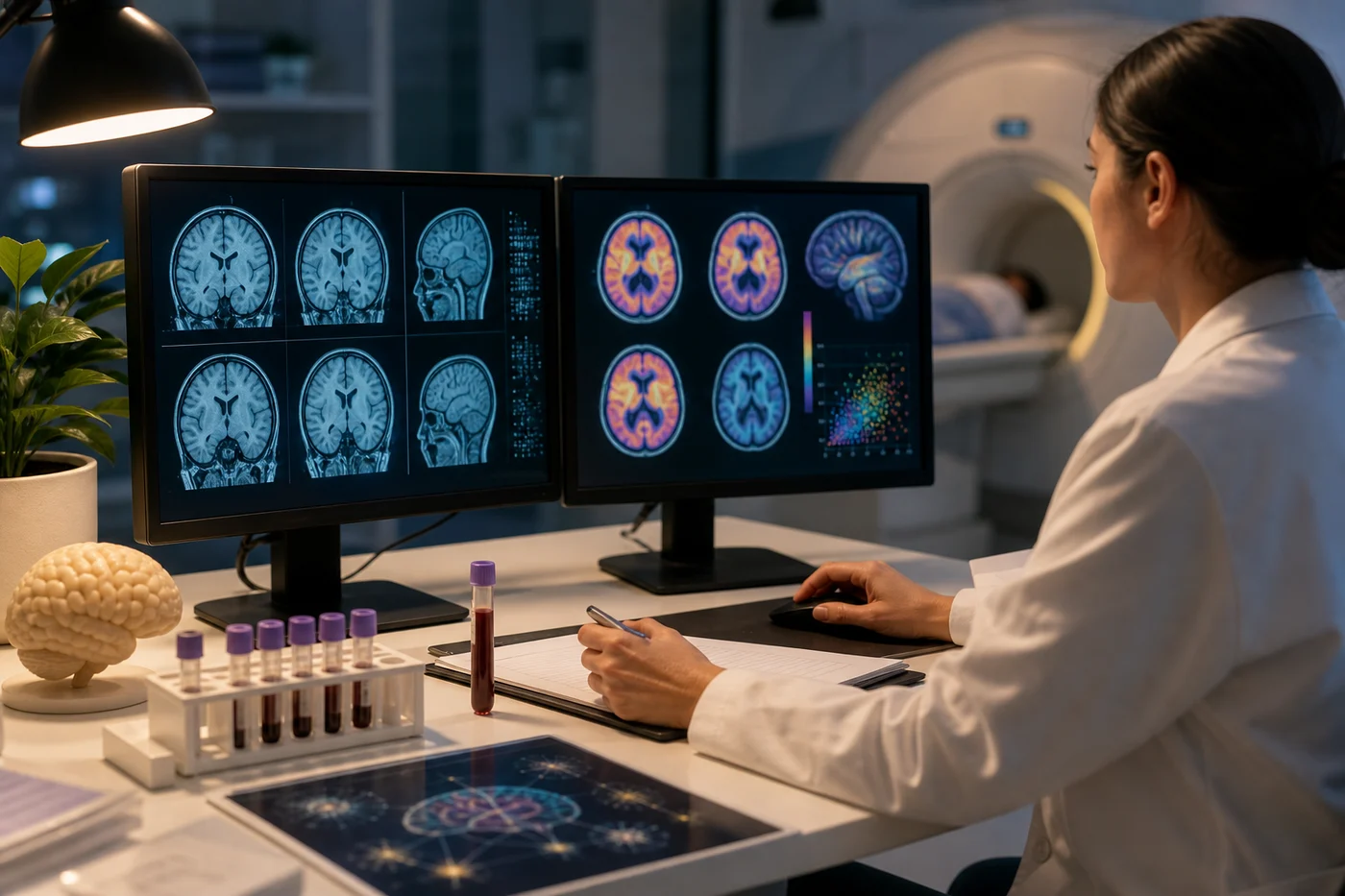 A clinician-researcher reviews PET and MRI-style brain images beside blood sample tubes in a calm clinical research room.
