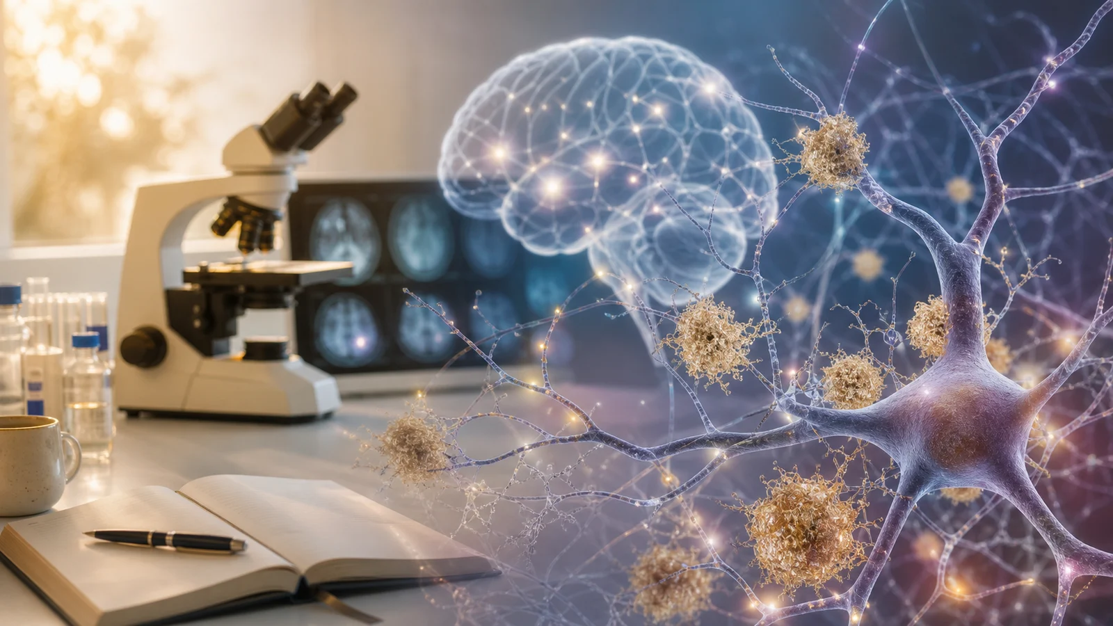 A warm research scene with a microscope, brain imaging screens, and a neuron network showing amyloid plaque deposits around nerve cell branches.