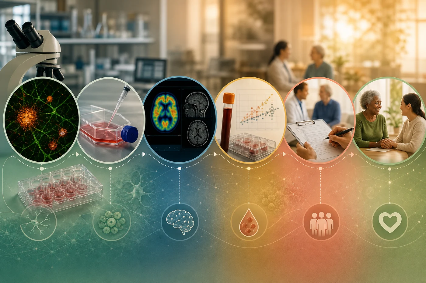 A careful research pathway moves from microscope and cell culture images to brain imaging, blood biomarkers, clinical study forms, and supportive care.