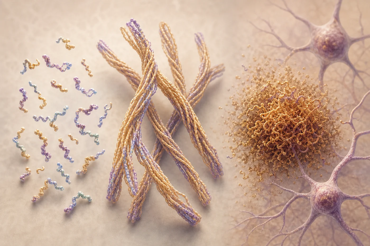 A soft scientific illustration comparing small amyloid fragments, longer fibril-like strands, and a mature plaque near neuron branches.